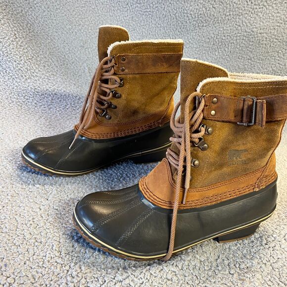 Sorel Fancy Lace II Boots Womens 10 Brown Suede Leather Duck Snow Mid Calf - Picture 7 of 12
